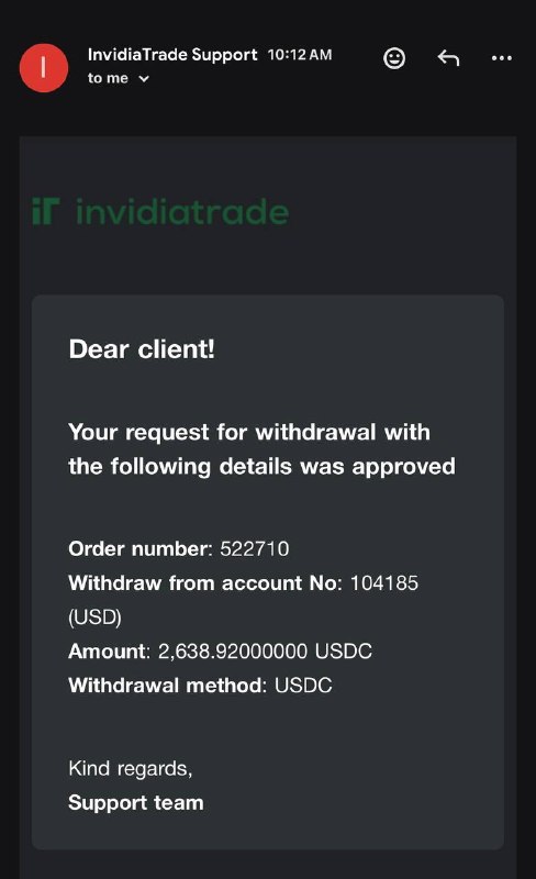 Community-shared broker email stating a 2,638.92 USDC withdrawal request was approved